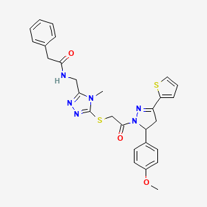 molecular formula C28H28N6O3S2 B2482405 N-((5-((2-(5-(4-methoxyphenyl)-3-(thiophen-2-yl)-4,5-dihydro-1H-pyrazol-1-yl)-2-oxoethyl)thio)-4-methyl-4H-1,2,4-triazol-3-yl)methyl)-2-phenylacetamide CAS No. 362506-10-3