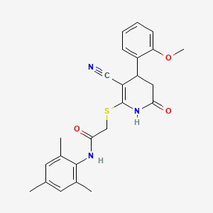 molecular formula C24H25N3O3S B2482460 2-{[3-cyano-4-(2-methoxyphenyl)-6-oxo-1,4,5,6-tetrahydropyridin-2-yl]sulfanyl}-N-(2,4,6-trimethylphenyl)acetamide CAS No. 488744-44-1