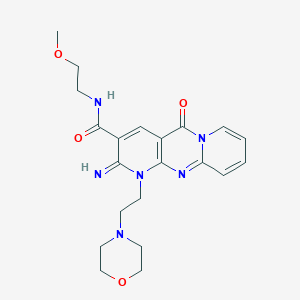 molecular formula C21H26N6O4 B2482652 6-imino-N-(2-methoxyethyl)-7-[2-(morpholin-4-yl)ethyl]-2-oxo-1,7,9-triazatricyclo[8.4.0.0^{3,8}]tetradeca-3(8),4,9,11,13-pentaene-5-carboxamide CAS No. 867136-70-7