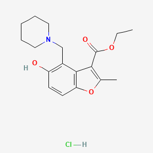 molecular formula C18H24ClNO4 B2482756 Ethyl 5-hydroxy-2-methyl-4-(piperidin-1-ylmethyl)benzofuran-3-carboxylate hydrochloride CAS No. 473568-01-3