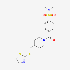 molecular formula C18H25N3O3S3 B2482781 4-(4-(((4,5-dihydrothiazol-2-yl)thio)methyl)piperidine-1-carbonyl)-N,N-dimethylbenzenesulfonamide CAS No. 1396761-46-8