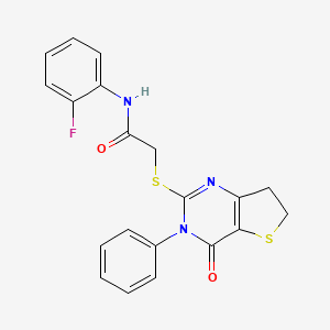 molecular formula C20H16FN3O2S2 B2482984 N-(2-fluorophenyl)-2-({4-oxo-3-phenyl-3H,4H,6H,7H-thieno[3,2-d]pyrimidin-2-yl}sulfanyl)acetamide CAS No. 686770-30-9