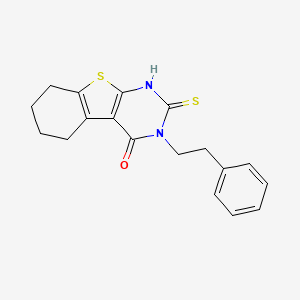 molecular formula C18H18N2OS2 B2482993 4-(2-Phenylethyl)-5-sulfanyl-8-thia-4,6-diazatricyclo[7.4.0.0,2,7]trideca-1(9),2(7),5-trien-3-one CAS No. 351007-36-8