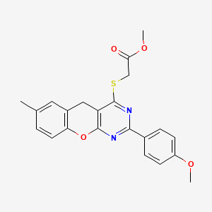 molecular formula C22H20N2O4S B2483124 Methyl 2-{[2-(4-methoxyphenyl)-7-methyl-5H-chromeno[2,3-D]pyrimidin-4-YL]sulfanyl}acetate CAS No. 866340-77-4