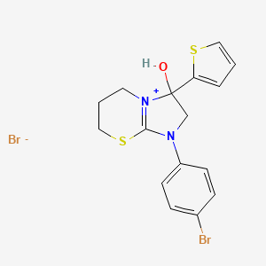 molecular formula C16H16Br2N2OS2 B2483130 1-(4-bromophenyl)-3-hydroxy-3-(thiophen-2-yl)-3,5,6,7-tetrahydro-2H-imidazo[2,1-b][1,3]thiazin-1-ium bromide CAS No. 1039631-19-0