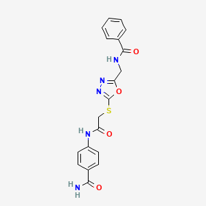 molecular formula C19H17N5O4S B2483137 N-((5-((2-((4-carbamoylphenyl)amino)-2-oxoethyl)thio)-1,3,4-oxadiazol-2-yl)methyl)benzamide CAS No. 903268-23-5