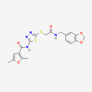 molecular formula C19H18N4O5S2 B2483151 N-(5-((2-((benzo[d][1,3]dioxol-5-ylmethyl)amino)-2-oxoethyl)thio)-1,3,4-thiadiazol-2-yl)-2,5-dimethylfuran-3-carboxamide CAS No. 1219912-08-9