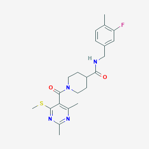 molecular formula C22H27FN4O2S B2483155 1-[2,4-dimethyl-6-(methylsulfanyl)pyrimidine-5-carbonyl]-N-[(3-fluoro-4-methylphenyl)methyl]piperidine-4-carboxamide CAS No. 1375969-18-8