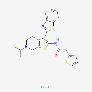 molecular formula C23H24ClN3OS3 B2483555 N-(3-(benzo[d]thiazol-2-yl)-6-isopropyl-4,5,6,7-tetrahydrothieno[2,3-c]pyridin-2-yl)-2-(thiophen-2-yl)acetamide hydrochloride CAS No. 1330016-73-3