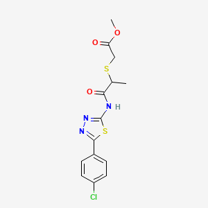 molecular formula C14H14ClN3O3S2 B2483631 Methyl 2-((1-((5-(4-chlorophenyl)-1,3,4-thiadiazol-2-yl)amino)-1-oxopropan-2-yl)thio)acetate CAS No. 394234-23-2