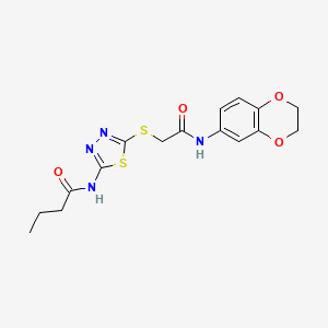 molecular formula C16H18N4O4S2 B2483861 N-[5-({[(2,3-dihydro-1,4-benzodioxin-6-yl)carbamoyl]methyl}sulfanyl)-1,3,4-thiadiazol-2-yl]butanamide CAS No. 868976-22-1