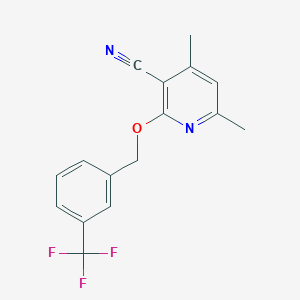 molecular formula C16H13F3N2O B2483945 4,6-Dimethyl-2-{[3-(trifluoromethyl)benzyl]oxy}nicotinonitrile CAS No. 866137-07-7