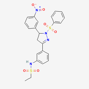 molecular formula C23H22N4O6S2 B2484023 N-{3-[1-(benzenesulfonyl)-5-(3-nitrophenyl)-4,5-dihydro-1H-pyrazol-3-yl]phenyl}ethane-1-sulfonamide CAS No. 851782-95-1