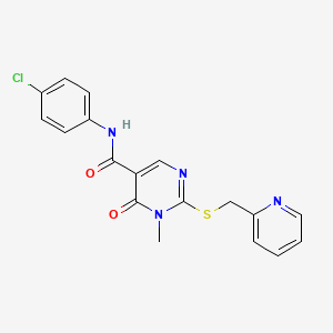 molecular formula C18H15ClN4O2S B2484155 N-(4-chlorophenyl)-1-methyl-6-oxo-2-{[(pyridin-2-yl)methyl]sulfanyl}-1,6-dihydropyrimidine-5-carboxamide CAS No. 891103-79-0