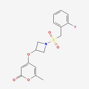 molecular formula C16H16FNO5S B2484216 4-((1-((2-fluorobenzyl)sulfonyl)azetidin-3-yl)oxy)-6-methyl-2H-pyran-2-one CAS No. 1798491-49-2
