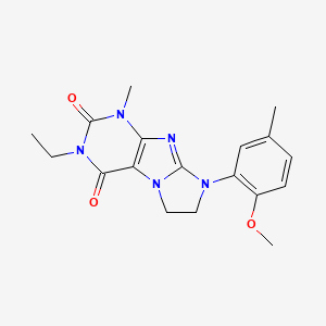 molecular formula C18H21N5O3 B2484255 2-Ethyl-6-(2-methoxy-5-methylphenyl)-4-methyl-7,8-dihydropurino[7,8-a]imidazole-1,3-dione CAS No. 887696-82-4