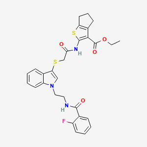 molecular formula C29H28FN3O4S2 B2484407 ethyl 2-{2-[(1-{2-[(2-fluorophenyl)formamido]ethyl}-1H-indol-3-yl)sulfanyl]acetamido}-4H,5H,6H-cyclopenta[b]thiophene-3-carboxylate CAS No. 532973-22-1