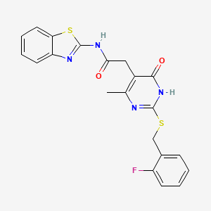 molecular formula C21H17FN4O2S2 B2484435 N-(benzo[d]thiazol-2-yl)-2-(2-((2-fluorobenzyl)thio)-4-methyl-6-oxo-1,6-dihydropyrimidin-5-yl)acetamide CAS No. 1105245-52-0