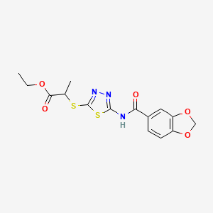 molecular formula C15H15N3O5S2 B2484579 Ethyl 2-((5-(benzo[d][1,3]dioxole-5-carboxamido)-1,3,4-thiadiazol-2-yl)thio)propanoate CAS No. 476465-24-4