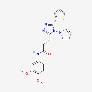 molecular formula C20H19N5O3S2 B2484677 N-(3,4-dimethoxyphenyl)-2-{[4-(1H-pyrrol-1-yl)-5-(thiophen-2-yl)-4H-1,2,4-triazol-3-yl]sulfanyl}acetamide CAS No. 886940-60-9