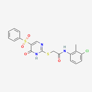 molecular formula C19H16ClN3O4S2 B2485036 2-{[5-(benzenesulfonyl)-6-oxo-1,6-dihydropyrimidin-2-yl]sulfanyl}-N-(3-chloro-2-methylphenyl)acetamide CAS No. 904577-26-0