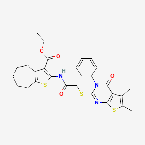 molecular formula C28H29N3O4S3 B2485040 ethyl 2-(2-((5,6-dimethyl-4-oxo-3-phenyl-3,4-dihydrothieno[2,3-d]pyrimidin-2-yl)thio)acetamido)-5,6,7,8-tetrahydro-4H-cyclohepta[b]thiophene-3-carboxylate CAS No. 500112-47-0