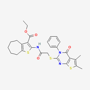 B2485040 ethyl 2-(2-((5,6-dimethyl-4-oxo-3-phenyl-3,4-dihydrothieno[2,3-d]pyrimidin-2-yl)thio)acetamido)-5,6,7,8-tetrahydro-4H-cyclohepta[b]thiophene-3-carboxylate CAS No. 500112-47-0