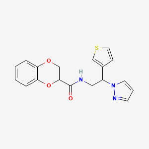 molecular formula C18H17N3O3S B2485148 N-[2-(1H-pyrazol-1-yl)-2-(thiophen-3-yl)ethyl]-2,3-dihydro-1,4-benzodioxine-2-carboxamide CAS No. 2034595-75-8