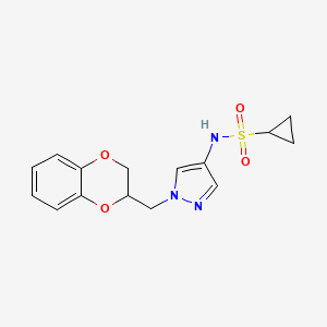 molecular formula C15H17N3O4S B2485209 N-(1-((2,3-dihydrobenzo[b][1,4]dioxin-2-yl)methyl)-1H-pyrazol-4-yl)cyclopropanesulfonamide CAS No. 1798462-53-9