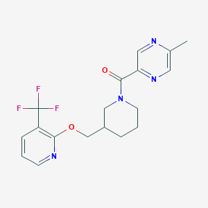 molecular formula C18H19F3N4O2 B2485469 2-Methyl-5-[3-({[3-(trifluoromethyl)pyridin-2-yl]oxy}methyl)piperidine-1-carbonyl]pyrazine CAS No. 2380064-28-6