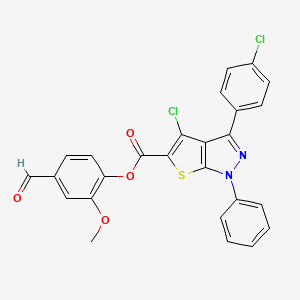 molecular formula C26H16Cl2N2O4S B2485543 (4-Formyl-2-methoxyphenyl) 4-chloro-3-(4-chlorophenyl)-1-phenylthieno[2,3-c]pyrazole-5-carboxylate CAS No. 380342-81-4