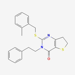 molecular formula C22H22N2OS2 B2485576 2-((2-methylbenzyl)thio)-3-phenethyl-6,7-dihydrothieno[3,2-d]pyrimidin-4(3H)-one CAS No. 877652-81-8
