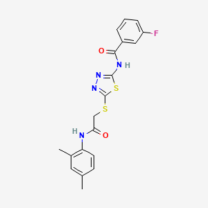 molecular formula C19H17FN4O2S2 B2485775 N-[5-({[(2,4-dimethylphenyl)carbamoyl]methyl}sulfanyl)-1,3,4-thiadiazol-2-yl]-3-fluorobenzamide CAS No. 392295-79-3