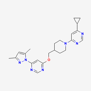 molecular formula C22H27N7O B2485980 4-cyclopropyl-6-[4-({[6-(3,5-dimethyl-1H-pyrazol-1-yl)pyrimidin-4-yl]oxy}methyl)piperidin-1-yl]pyrimidine CAS No. 2379995-23-8