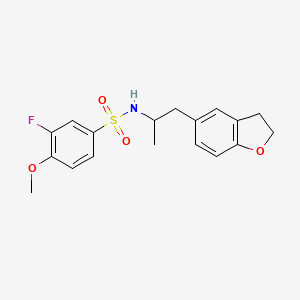 molecular formula C18H20FNO4S B2485985 N-(1-(2,3-dihydrobenzofuran-5-yl)propan-2-yl)-3-fluoro-4-methoxybenzenesulfonamide CAS No. 2034599-00-1