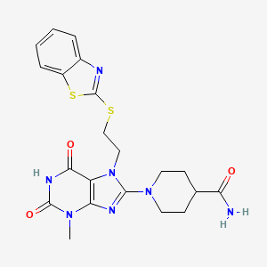 molecular formula C21H23N7O3S2 B2486136 1-(7-(2-(benzo[d]thiazol-2-ylthio)ethyl)-3-methyl-2,6-dioxo-2,3,6,7-tetrahydro-1H-purin-8-yl)piperidine-4-carboxamide CAS No. 476482-58-3