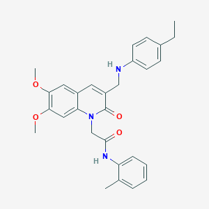 molecular formula C29H31N3O4 B2486246 2-(3-(((4-ethylphenyl)amino)methyl)-6,7-dimethoxy-2-oxoquinolin-1(2H)-yl)-N-(o-tolyl)acetamide CAS No. 894556-42-4
