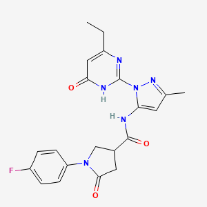 molecular formula C21H21FN6O3 B2486274 N-(1-(4-ethyl-6-oxo-1,6-dihydropyrimidin-2-yl)-3-methyl-1H-pyrazol-5-yl)-1-(4-fluorophenyl)-5-oxopyrrolidine-3-carboxamide CAS No. 1006025-08-6