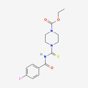 molecular formula C15H18IN3O3S B2486303 Ethyl 4-(((4-iodophenyl)carbonylamino)thioxomethyl)piperazinecarboxylate CAS No. 1023835-50-8