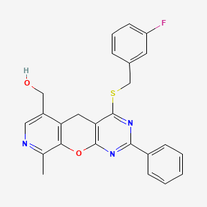 molecular formula C25H20FN3O2S B2486315 (7-{[(3-Fluorophenyl)methyl]sulfanyl}-14-methyl-5-phenyl-2-oxa-4,6,13-triazatricyclo[8.4.0.0^{3,8}]tetradeca-1(10),3(8),4,6,11,13-hexaen-11-yl)methanol CAS No. 892416-43-2