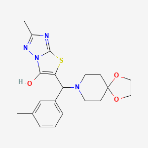 B2486386 5-(1,4-Dioxa-8-azaspiro[4.5]decan-8-yl(m-tolyl)methyl)-2-methylthiazolo[3,2-b][1,2,4]triazol-6-ol CAS No. 869343-27-1