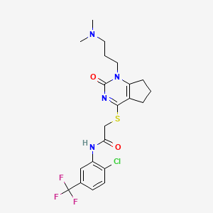 molecular formula C21H24ClF3N4O2S B2486413 N-(2-chloro-5-(trifluoromethyl)phenyl)-2-((1-(3-(dimethylamino)propyl)-2-oxo-2,5,6,7-tetrahydro-1H-cyclopenta[d]pyrimidin-4-yl)thio)acetamide CAS No. 898434-50-9