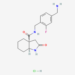 B2486547 (3Ar,7aS)-N-[[4-(aminomethyl)-2-fluorophenyl]methyl]-2-oxo-3,4,5,6,7,7a-hexahydro-1H-indole-3a-carboxamide;hydrochloride CAS No. 2418596-99-1