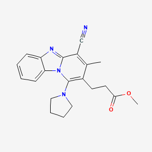 molecular formula C21H22N4O2 B2486579 methyl 3-[10-cyano-11-methyl-13-(pyrrolidin-1-yl)-1,8-diazatricyclo[7.4.0.0^{2,7}]trideca-2(7),3,5,8,10,12-hexaen-12-yl]propanoate CAS No. 844859-78-5