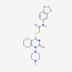 molecular formula C22H27N5O4S B2486696 N-(2H-1,3-benzodioxol-5-yl)-2-{[1-(4-methylpiperazin-1-yl)-2-oxo-1,2,5,6,7,8-hexahydroquinazolin-4-yl]sulfanyl}acetamide CAS No. 899993-08-9