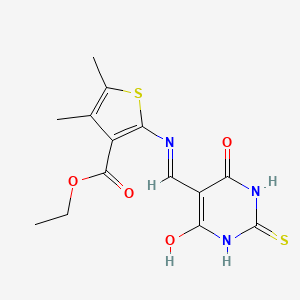 molecular formula C14H15N3O4S2 B2486746 ethyl 2-(((4,6-dioxo-2-thioxotetrahydropyrimidin-5(2H)-ylidene)methyl)amino)-4,5-dimethylthiophene-3-carboxylate CAS No. 532385-42-5