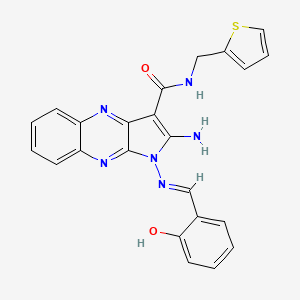 molecular formula C23H18N6O2S B2486859 (E)-2-amino-1-((2-hydroxybenzylidene)amino)-N-(thiophen-2-ylmethyl)-1H-pyrrolo[2,3-b]quinoxaline-3-carboxamide CAS No. 714224-79-0