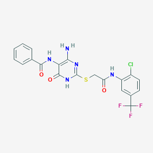 molecular formula C20H15ClF3N5O3S B2487169 N-(4-amino-2-((2-((2-chloro-5-(trifluoromethyl)phenyl)amino)-2-oxoethyl)thio)-6-oxo-1,6-dihydropyrimidin-5-yl)benzamide CAS No. 872597-03-0