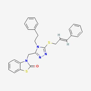 molecular formula C27H24N4OS2 B2487199 (E)-3-((5-(cinnamylthio)-4-phenethyl-4H-1,2,4-triazol-3-yl)methyl)benzo[d]thiazol-2(3H)-one CAS No. 1322002-28-7