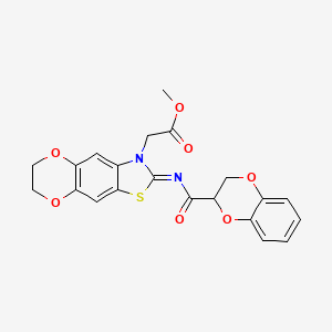 molecular formula C21H18N2O7S B2487212 (Z)-methyl 2-(2-((2,3-dihydrobenzo[b][1,4]dioxine-2-carbonyl)imino)-6,7-dihydro-[1,4]dioxino[2',3':4,5]benzo[1,2-d]thiazol-3(2H)-yl)acetate CAS No. 895447-12-8